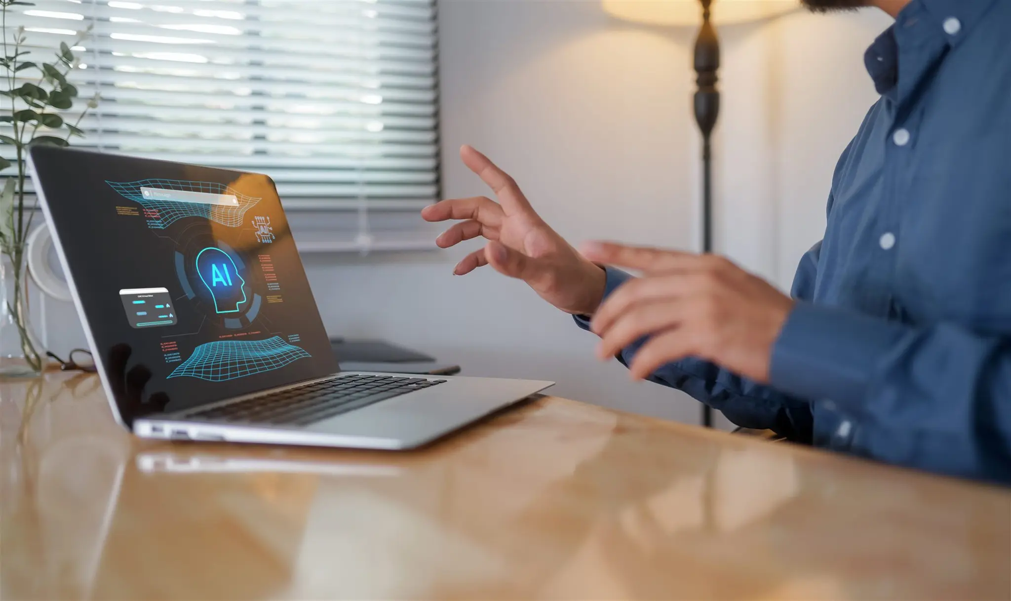 Business person working with an AI assistant on a laptop